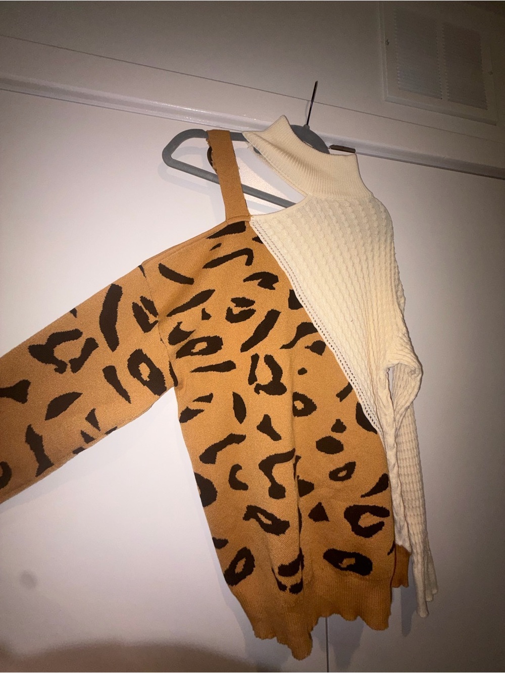 Cream and Tan Leopard-Print One-Shoulder Sweater